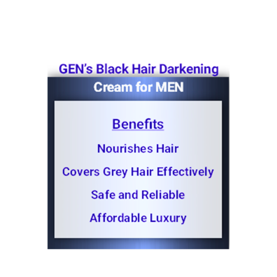 Hair Benefits of GEN Hair Darkening Cream for Men: Natural Black Hair Color, Darkens Grey Hair Quickly | Say Goodbye to Grey Hair: Permanent Organic Hair Darkening Cream for Men | 340G on a white background