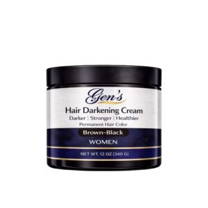 A bottle of GEN's Brown Black Hair Darkening Cream for Women with Long Hair on a white background