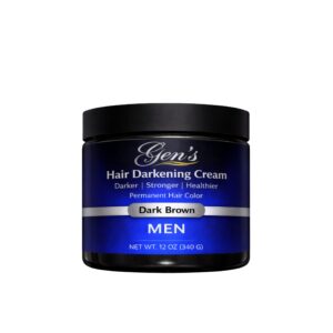 A bottle of GEN Advanced Dark Brown Hair Dye for Men, 3-5 Days Gray Control, 12 Ounces, on a white background