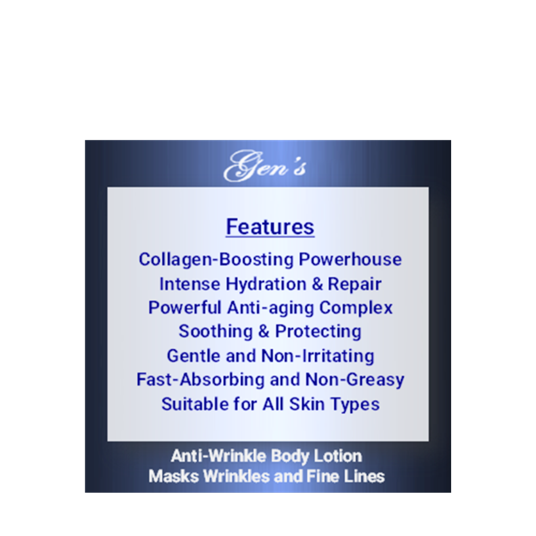 Key Features of GEN's Anti-Wrinkle Body Lotion for older skin | Best Firming Body Lotion | Best Body Lotion for Aging Skin Over 40 | Niacinamide Body Lotion for Aging Skin | 16 Fl. Oz on a white background