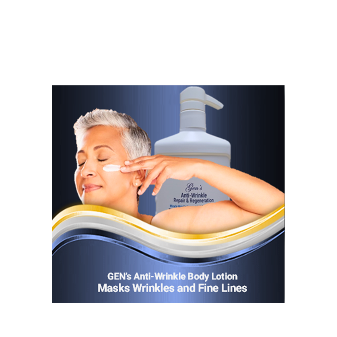 Woman with GEN's Anti-Wrinkle Body Lotion for older skin | Best Firming Body Lotion | Best Body Lotion for Aging Skin Over 40 | Niacinamide Body Lotion for Aging Skin | 16 Fl. Oz on a white background