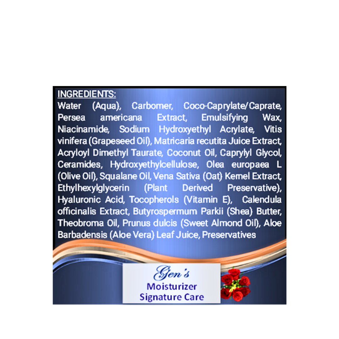 Ingredients list for GEN's Moisturizer for Dry Skin | Hyaluronic Acid Moisturizer | Niacinamide Body Lotion | Daily face moisturizer with sunscreen for dry skin | Moisturizer Lotion | 16 Fl. Oz on a white background