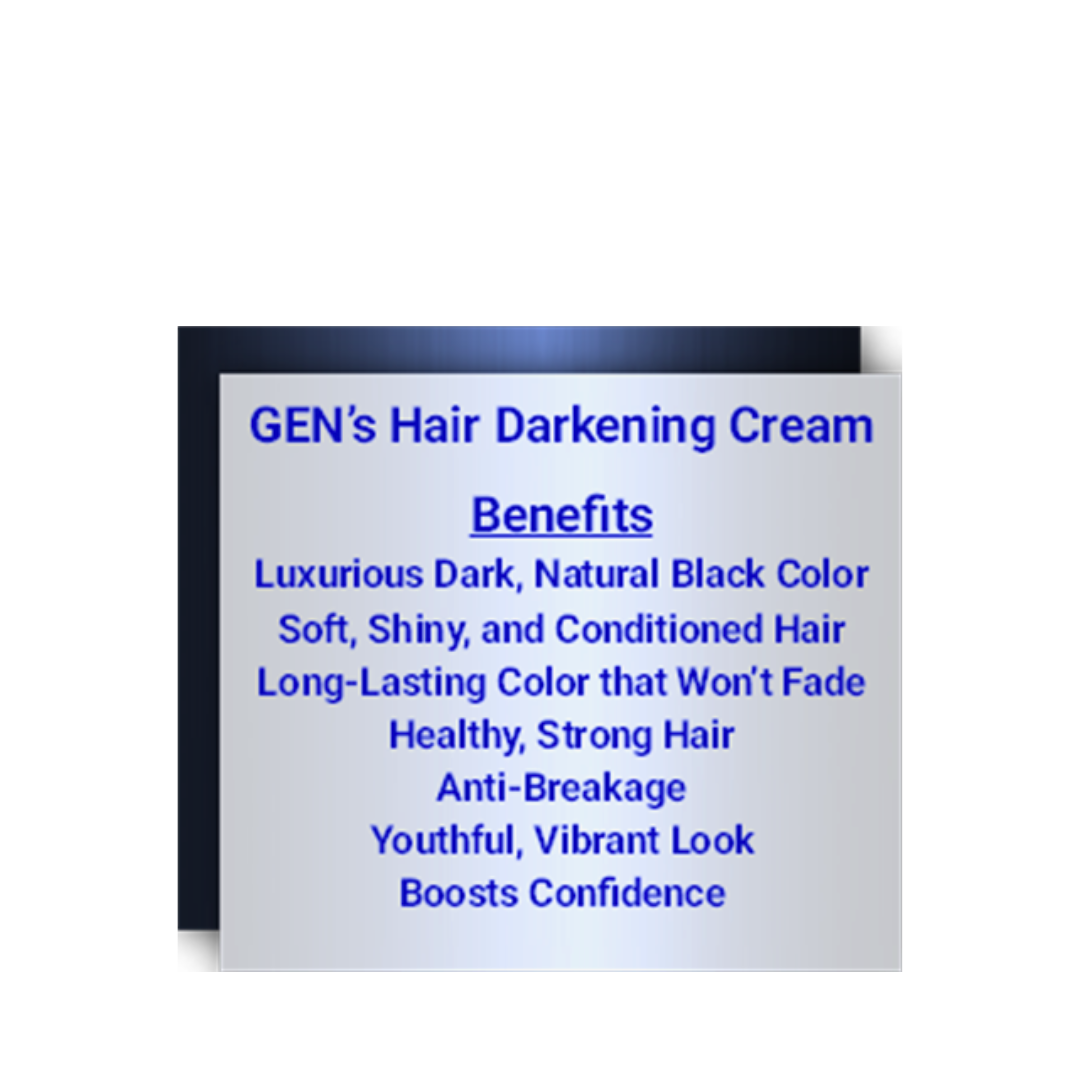 Hair Benefits of GEN's First Luxurious Black Hair Darkening Cream | Unisex, Anti-Breakage, Organic | Permanently Darken Hair with GEN's Natural Black Hair Cream for Men & Women | 340G on a white background