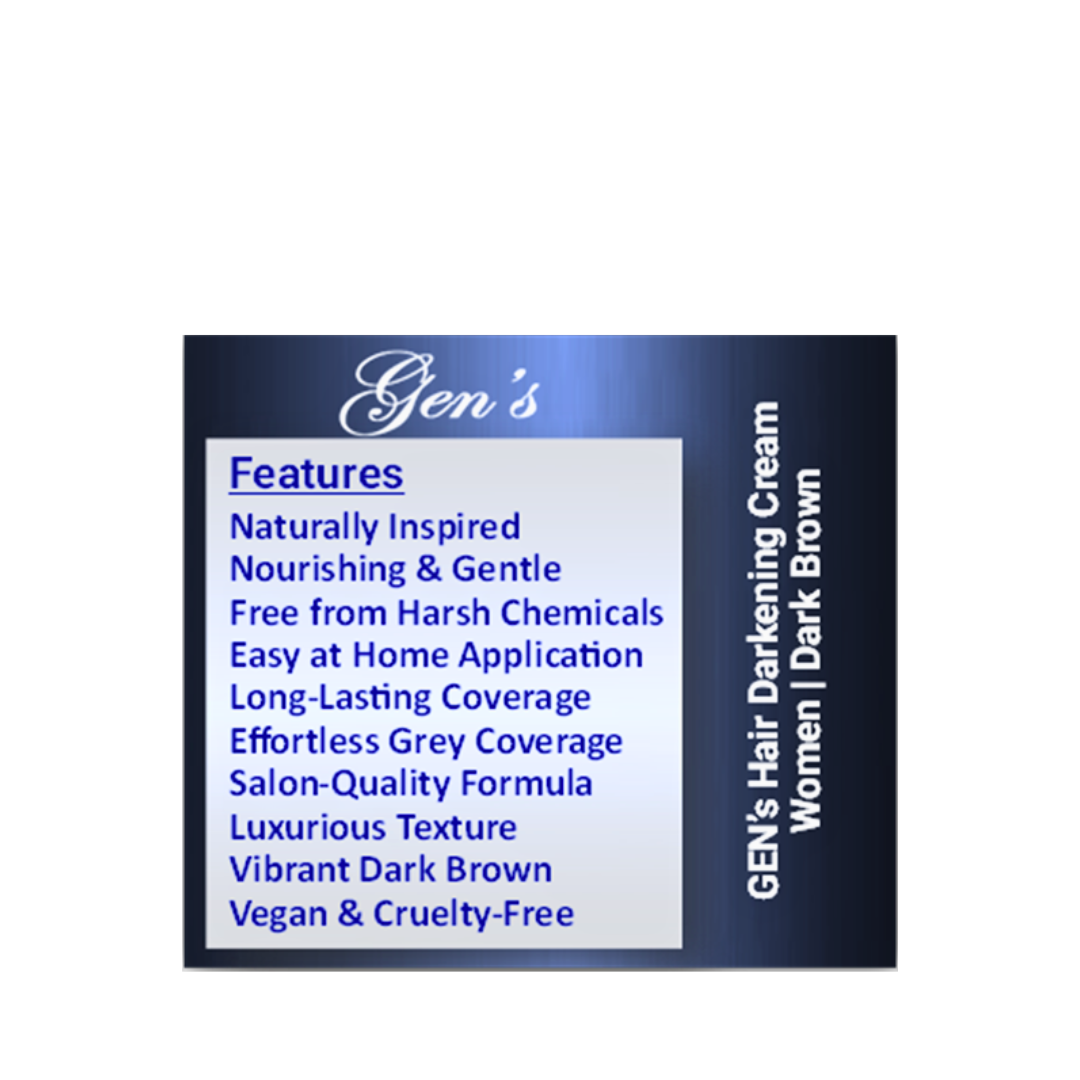 Key Features of Discover GEN's Permanent Hair Darkening Cream for women, Dark Brown | Natural Hair Darkening Cream for Women at Home | Best Hair Dye for Covering Grey Hair Dark Brown | 340 G on a white background