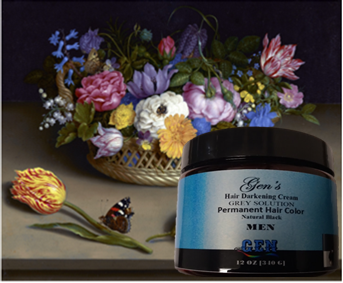 GEN's Hair Darkening Cream for Men against a backdrop of flowers