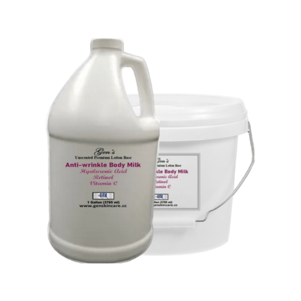 A gallon of Anti-wrinkle lotion base on a white background