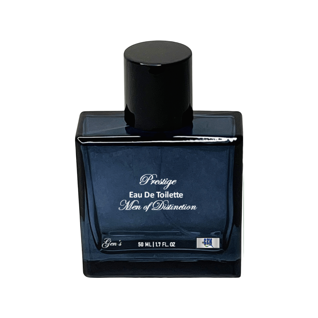 A bottle of Prestige Eau de Toilette with cap on a white background.