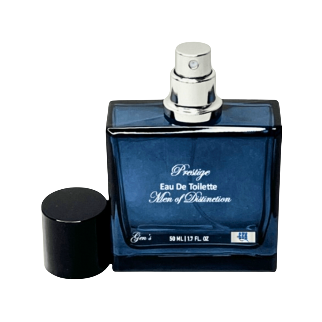 A bottle of Prestige Eau de Parfum with cap on a white background.