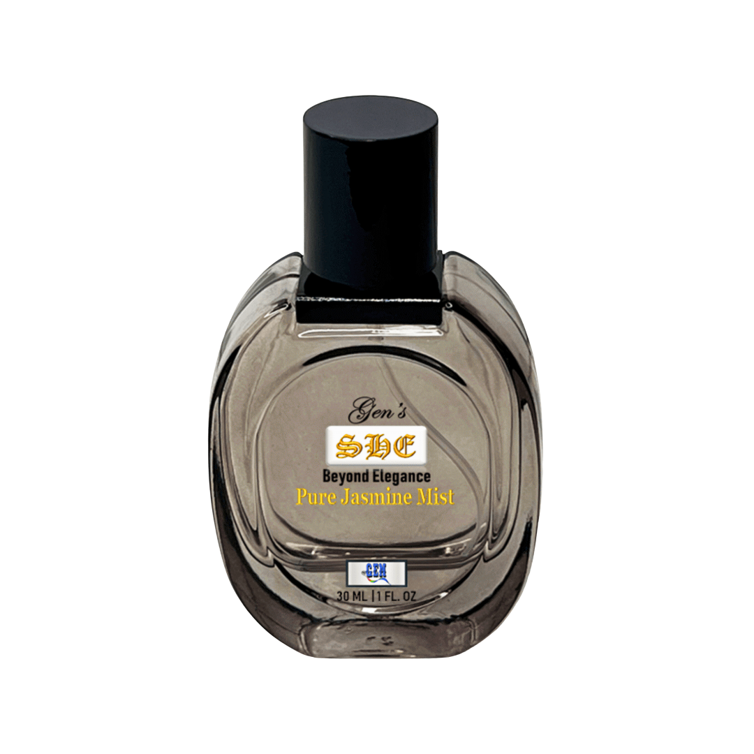 A bottle of women's perfume containing pure jasmine on a white background.