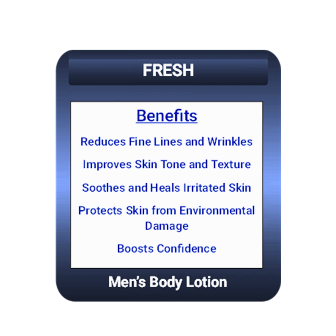 Benefits of GEN's Fresh Body Lotion for Men | Niacinamide Body Lotion Men | Body Lotion for Men with Hyaluronic Acid | Moisturizer for Dry Skin | Daily AM - PM Moisturizer | 16 Fl. Oz on a white background