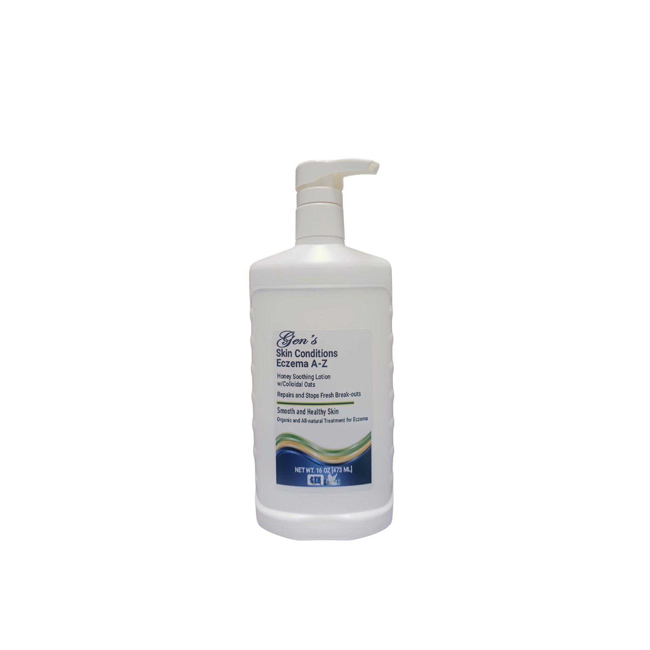 A bottle of GEN's Eczema Treatment Lotion | Moisturizing Eczema Lotion with Ceramides | Atopic Dermatitis Treatment | The Best Eczema Rash Treatment for Sensitive Skin | For All Skin Types | 16 Fl. Oz on a white background
