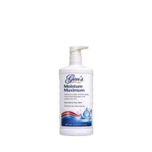 A bottle of GEN Moisturizing Body Lotion for Dry Skin on a white background.