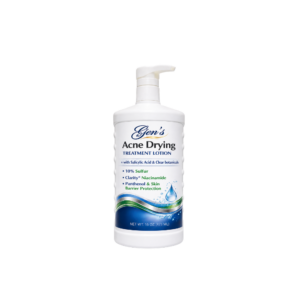 A bottle of GEN's Acne Treatment Lotion | best pimple patch lotion | salicylic acid body wash | non comedogenic acne treatment | dark spot remover | best moisturizer for oily skin on a white background