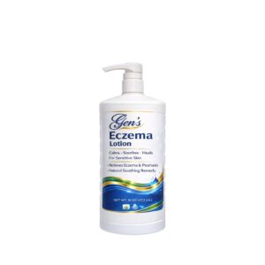 A Bottle of GEN Powerful Eczema Treatment Lotion – 48HR Relief on a white background