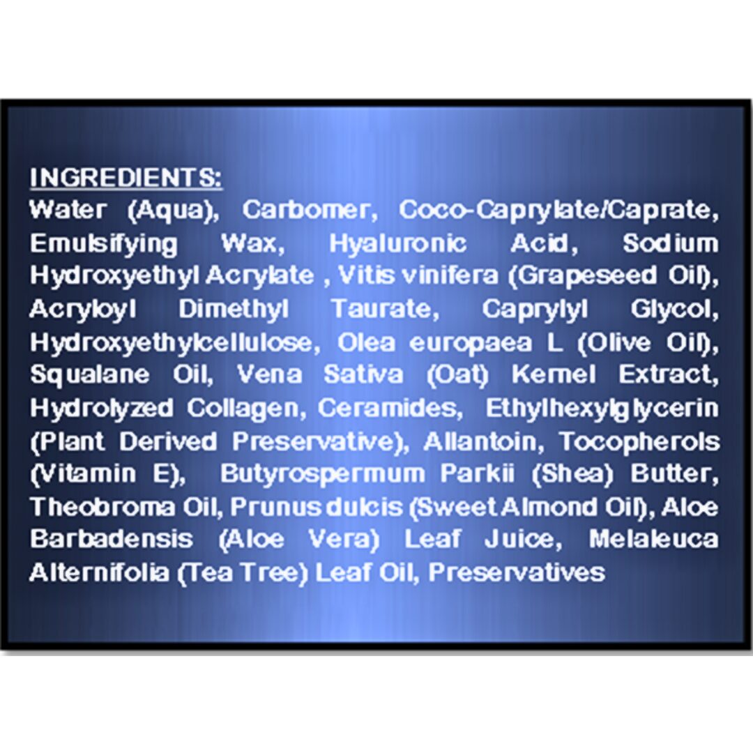 Inglredient list for GEN's Body Lotion for Dry Skin | Nourishing Ingredients for 48-hr Hydration | Moisturizer with Hyaluronic Acid, Glycerin and Ceramides for optimum hydration | 16 Ounce on a white background
