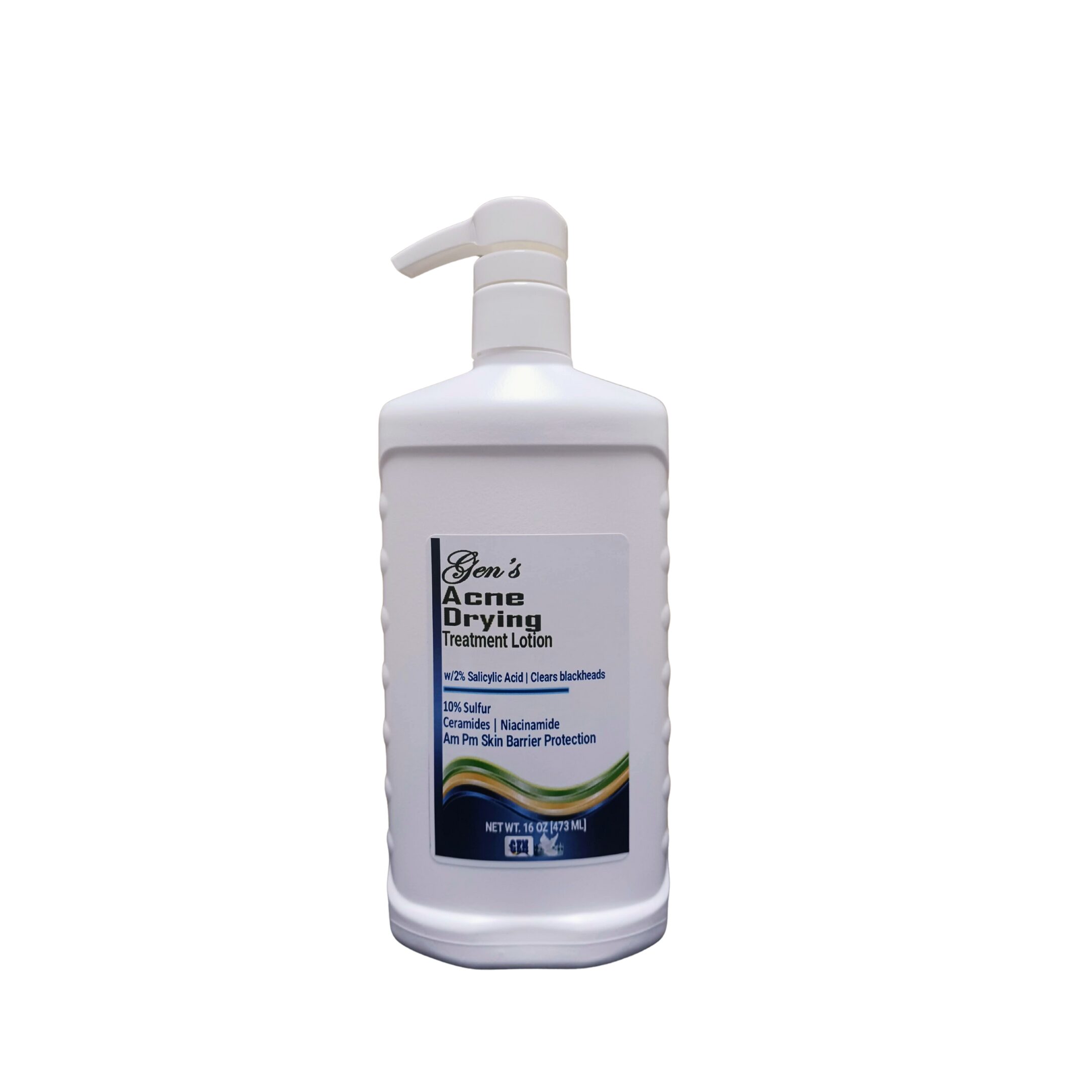 A bottle of GEN's Acne Treatment | best pimple patch lotion | salicylic acid body wash | non comedogenic acne treatment | dark spot remover | best moisturizer for oily skin on a white background