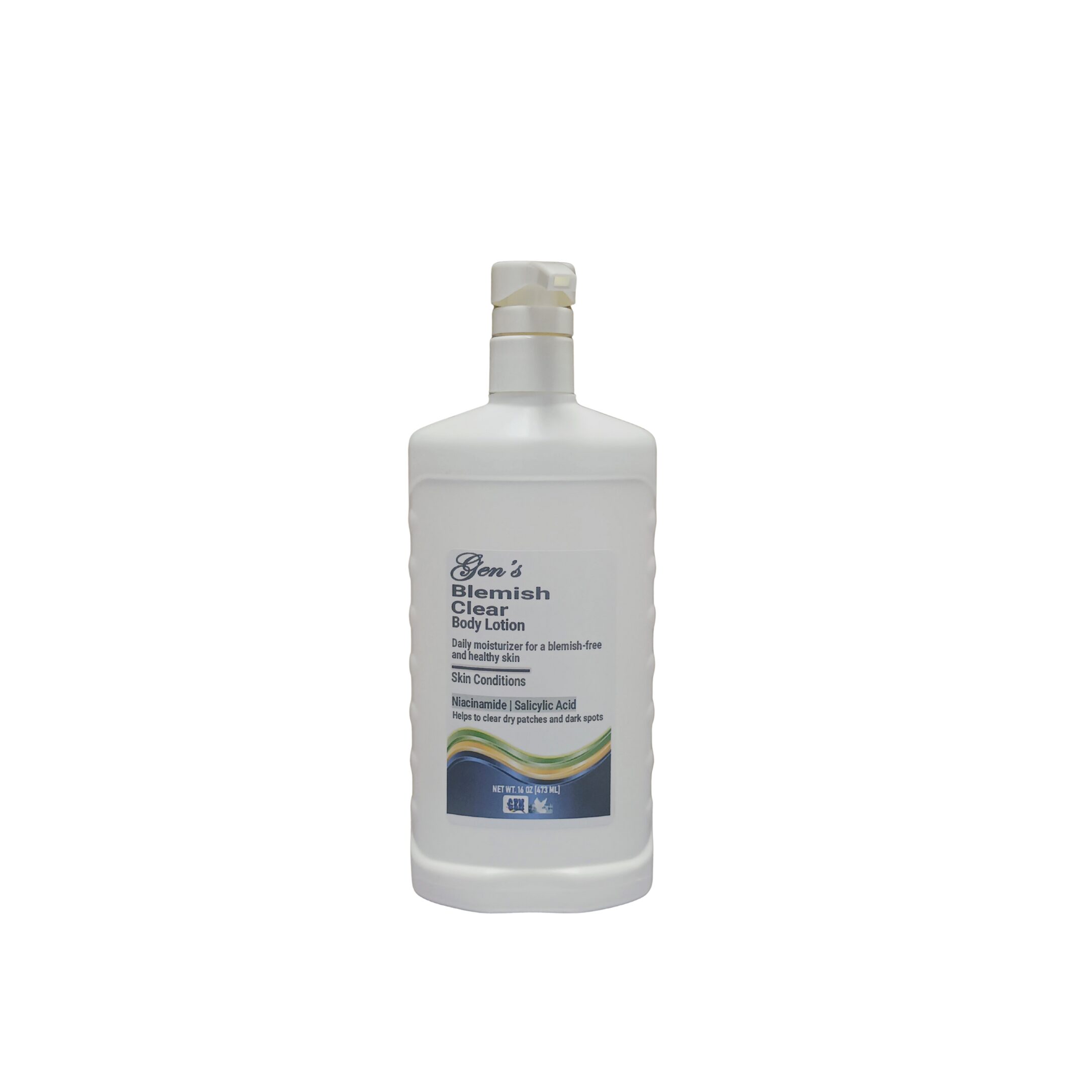 A Bottle of GEN's Salicylic Acid Body Lotion for Oily and Acne-prone Skin | Body Lotion for Acne Scars with Salicylic Acid and Niacinamide | Body Lotion for Sensitive Skin | 16 Fl. Oz on a white background