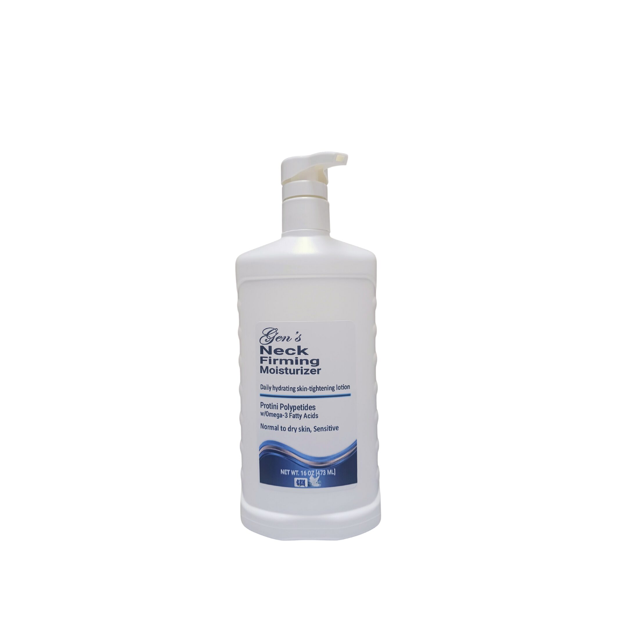 a bottle of GEN's neck firming moisturizer | best body moisturizer for aging skin | best lotion for aging skin | top facial moisturizers for dry skin | supergoop sunscreen on a white background