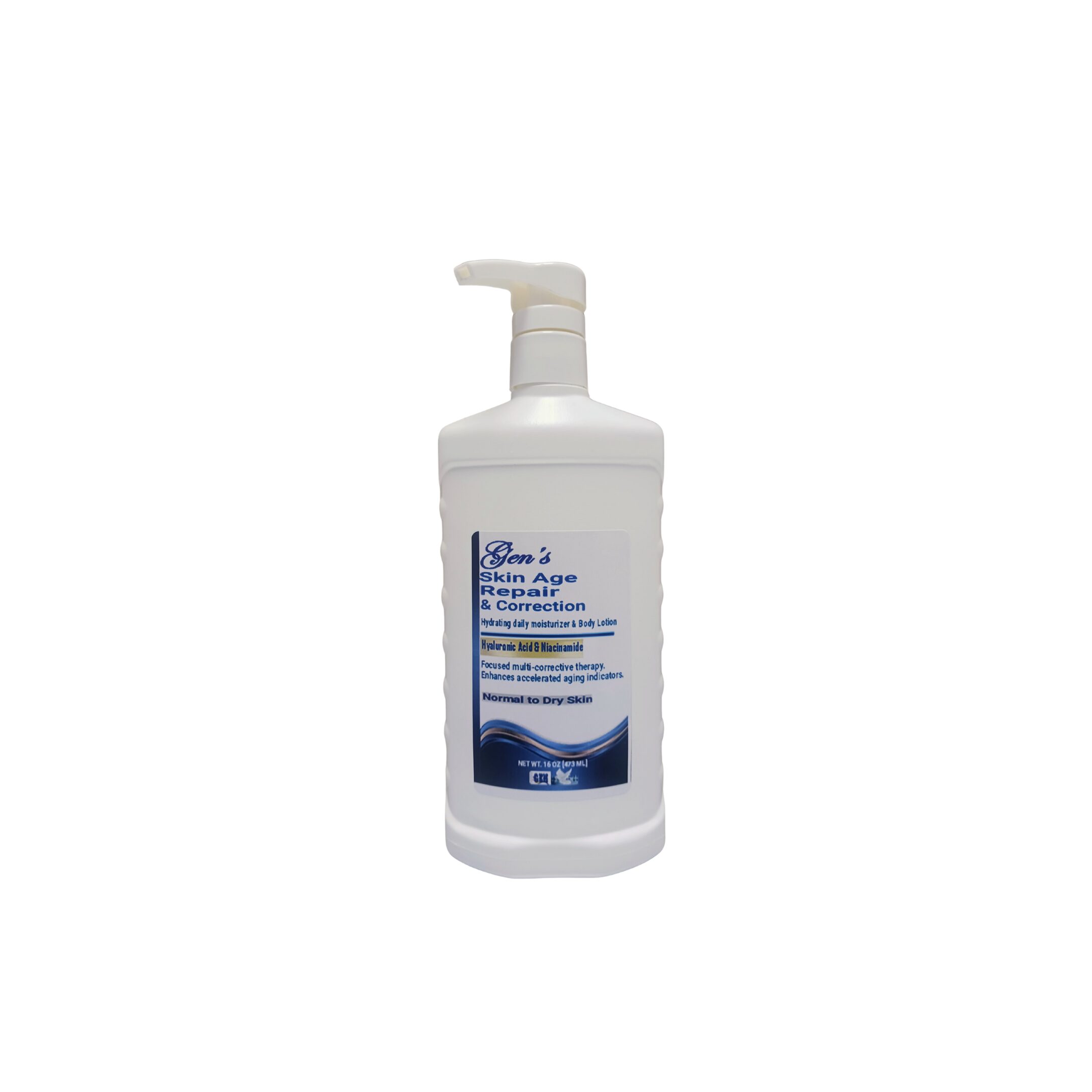 A bottle of GEN's Hyaluronic Acid Moisturizer | cocoa butter lotion | best body moisturizer | shea butter lotion | best body moisturizer for dry skin | niacinamide lotion on a white background