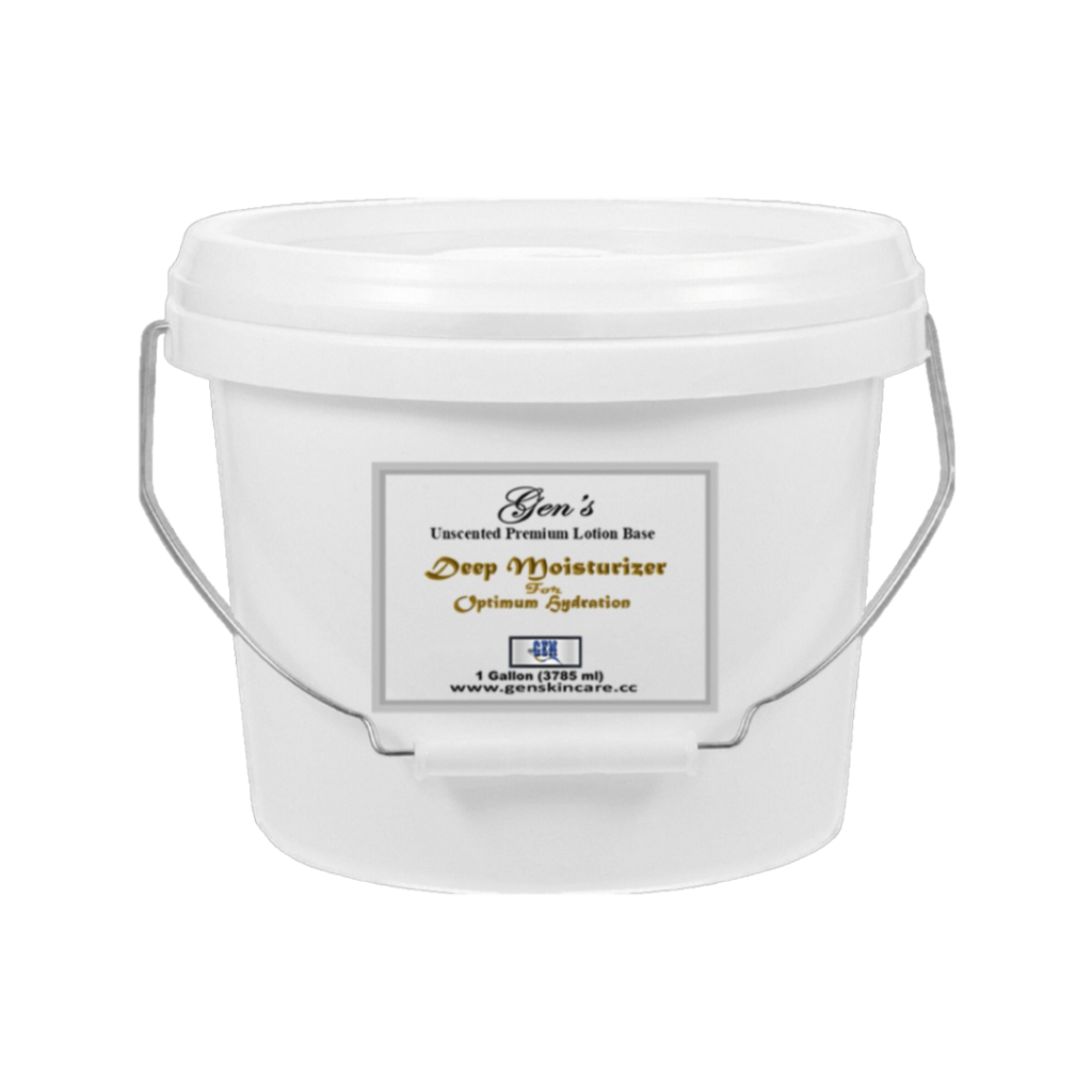 A one gallon bucket of moisturizing lotion base on a white background