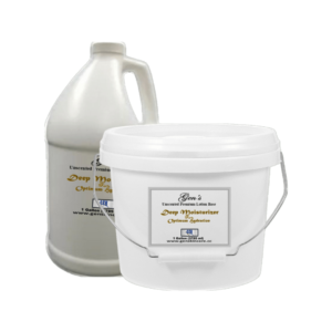 A one gallon bucket of moisturizing lotion base on a white background