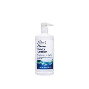 A bottle of GEN Clean Ultra Hydrating SPF Body Lotion for Dry Skin, 247 on a white background
