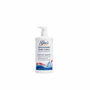 A bottle of GEN Body Lotion with Niacinamide and Hyaluronic Acid | best niacinamide body lotion | best body moisturizer for aging skin | glutathione niacinamide body lotion on a white background