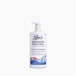A bottle of GEN Body Lotion with Niacinamide and Hyaluronic Acid | best niacinamide body lotion | best body moisturizer for aging skin | glutathione niacinamide body lotion on a white background