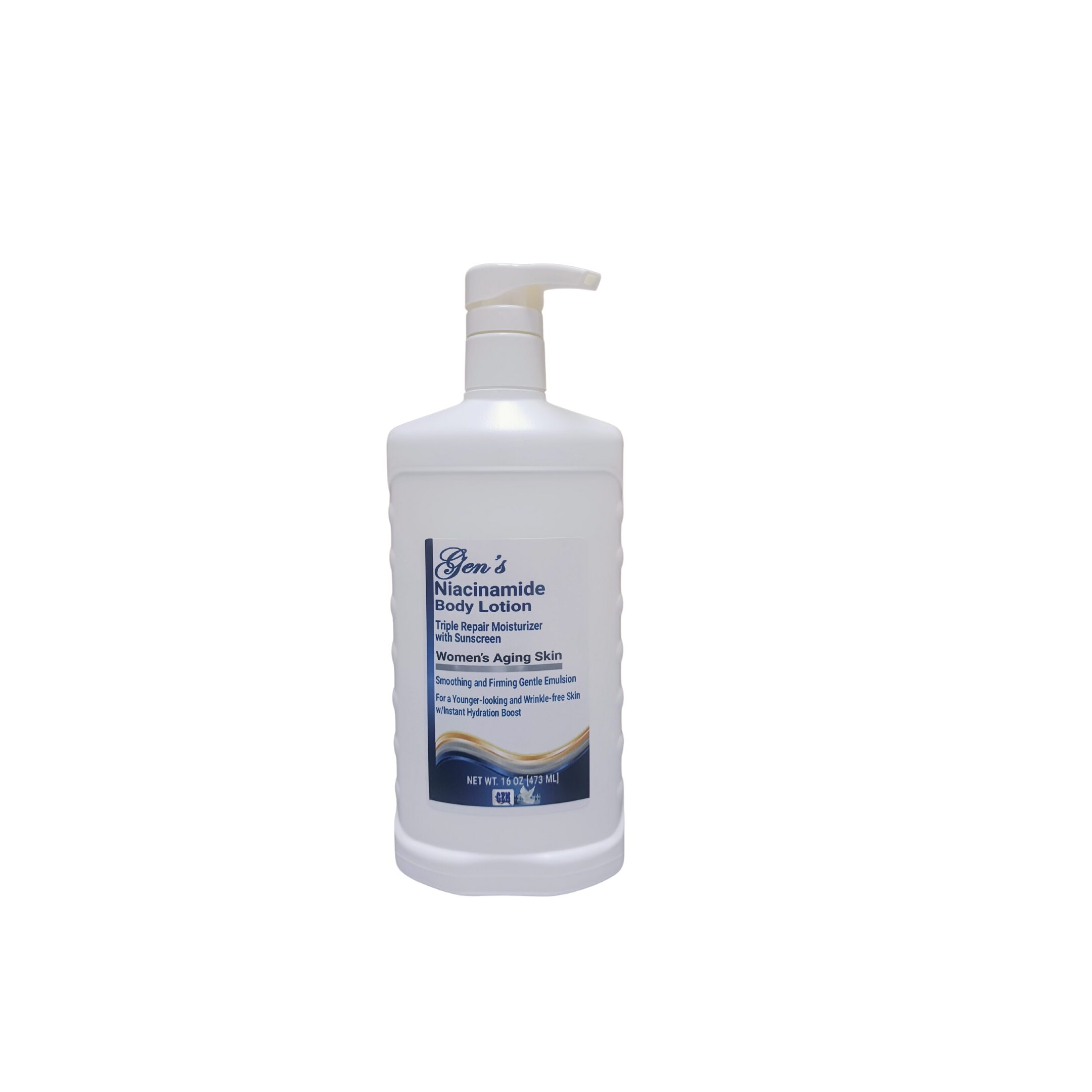A bottle of GEN Body Lotion with Niacinamide and Hyaluronic Acid | best niacinamide body lotion | best body moisturizer for aging skin | glutathione niacinamide body lotion on a white background