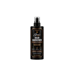A bottle of GEN Brown Black Hair Darkener No More Grays, Cheat Sheet 247 on a white background.