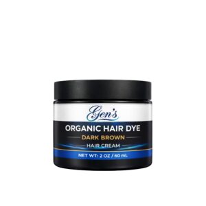 A bottle of GEN Organic Hair Dye Dark Brown Cream, 2 Oz on a white background