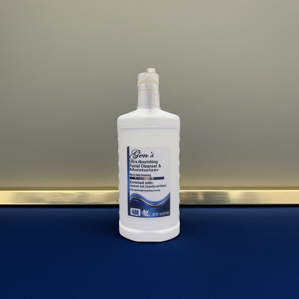 A Bottle of GEN Skin Cleanser on an Off White, Blue and Gold Background
