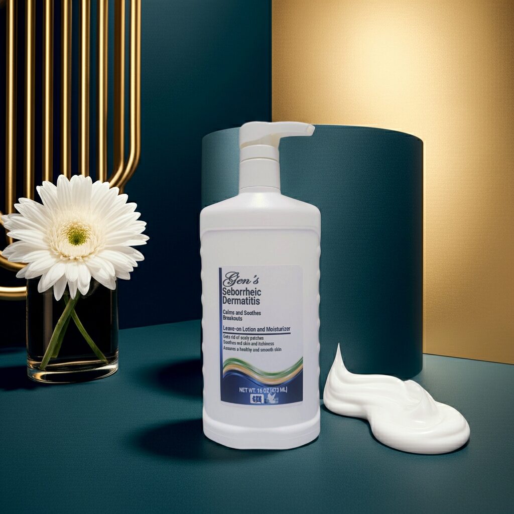 A Bottle of GEN Skin Seborrheic Dermatitis Treatment Lotion on a White Background