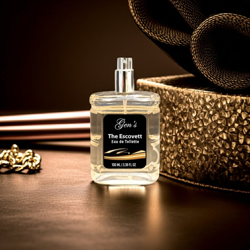 The Escovett Eau de Toilette on a luxury background. Men's Perfume