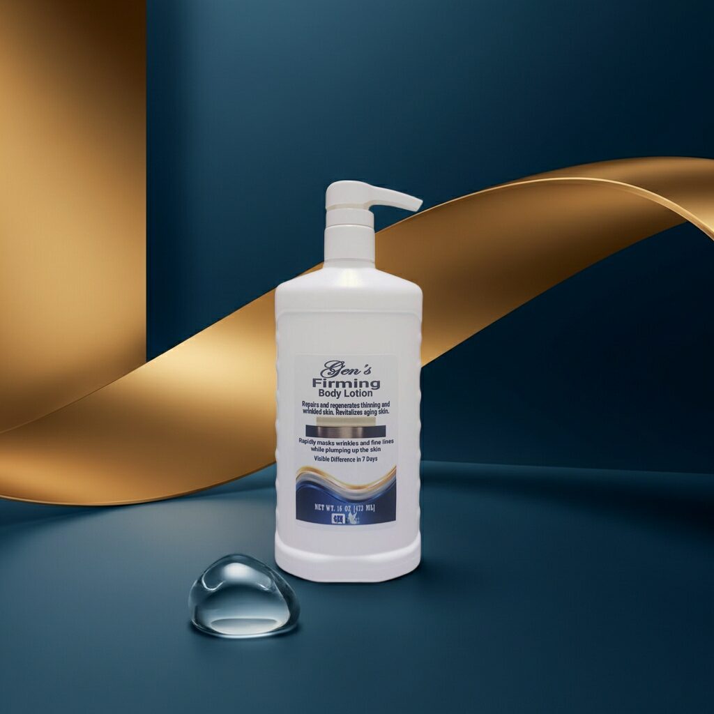 A Bottle of GEN Skin Firming Body Lotion on a Luxury Accent Blue and Gold Background